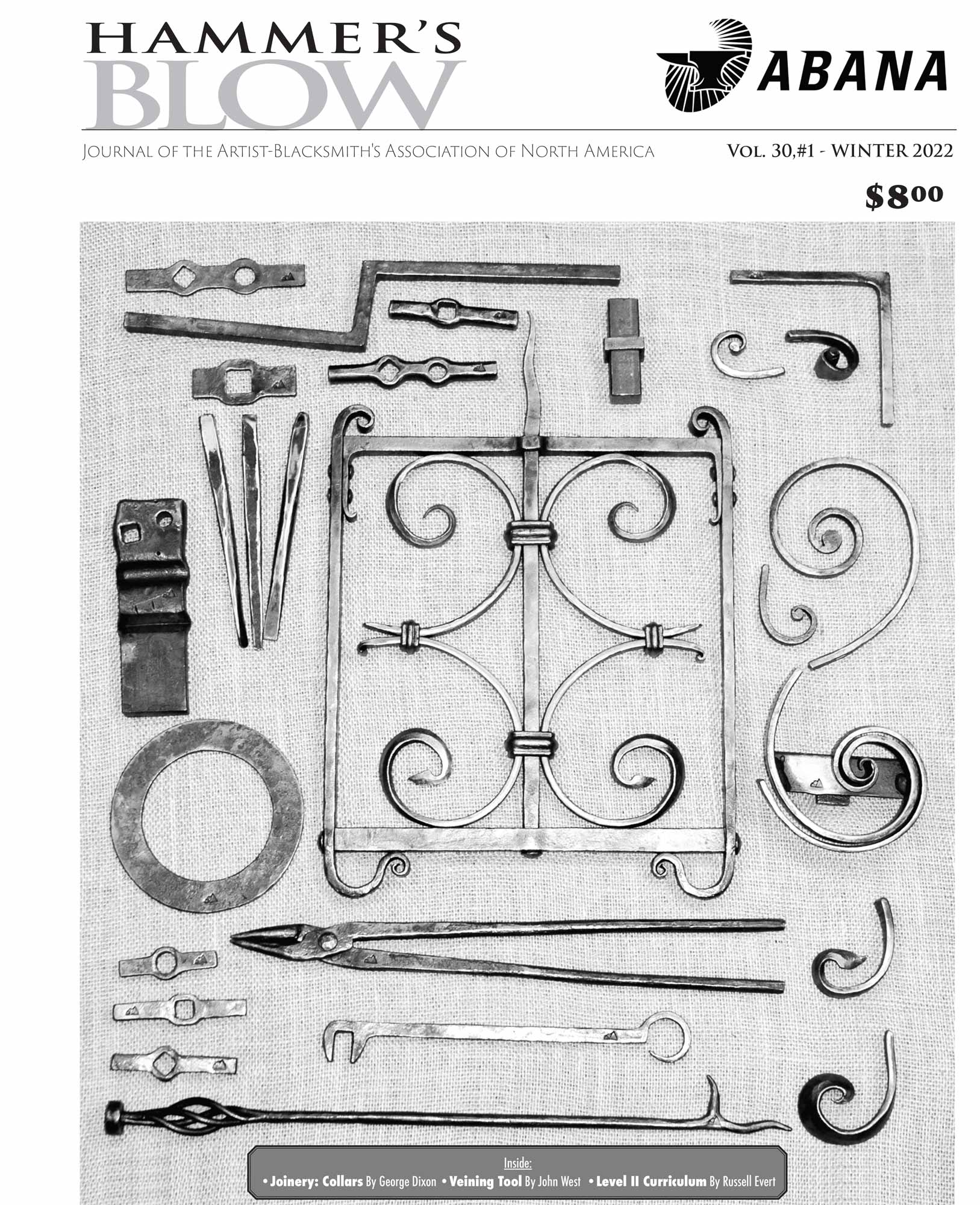 Cover image of the Winter 2022 issue of Hammer's Blow, a how-to journal from the Artist-Blacksmith's Association of North America.