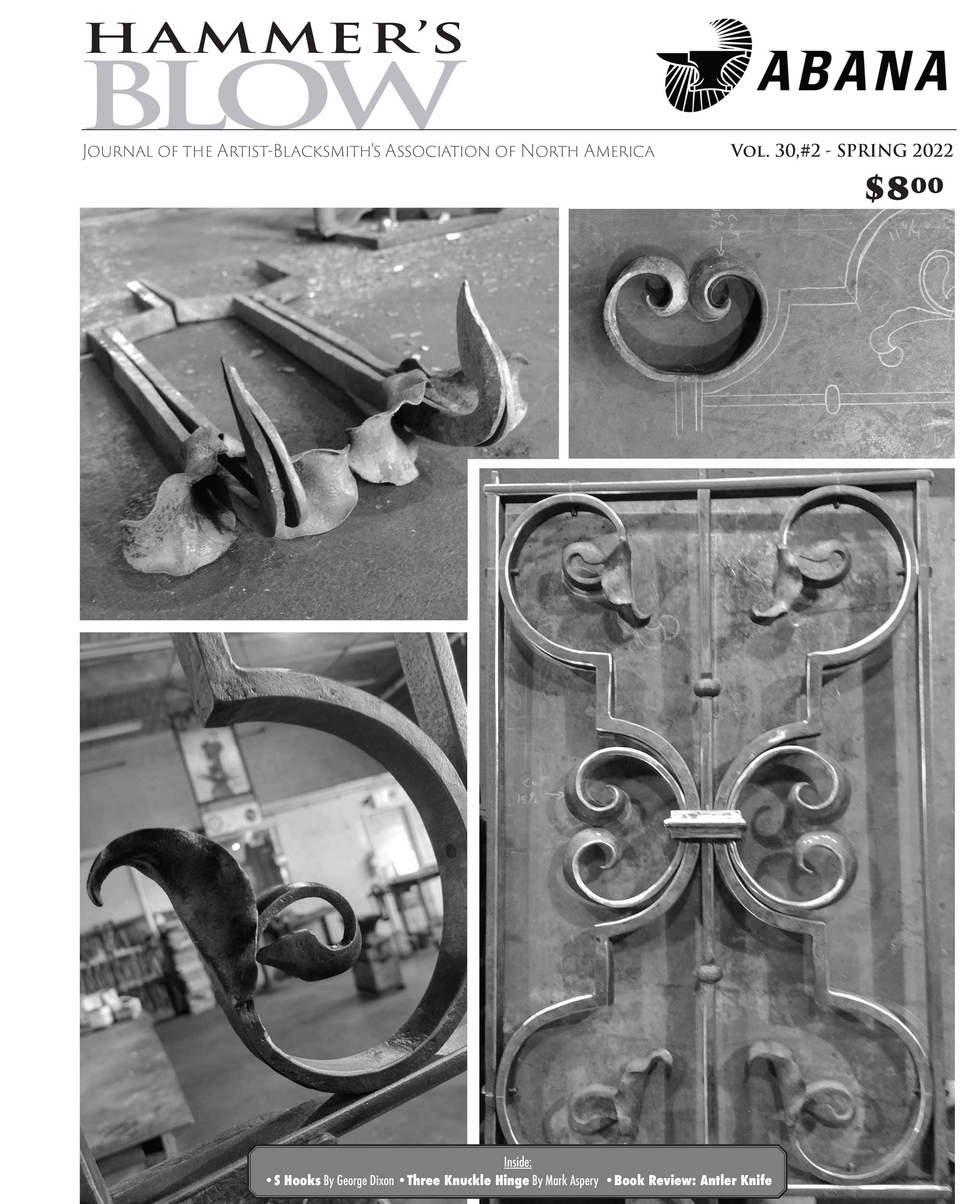 Cover image of the Spring 2022 issue of Hammer's Blow, a how-to journal from the Artist-Blacksmith's Association of North America.