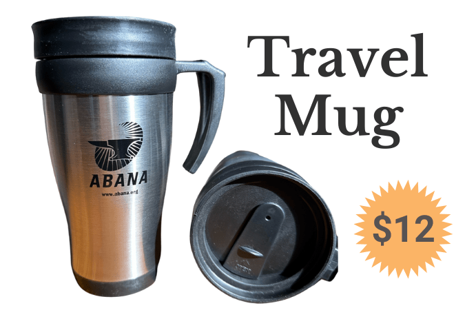 Image of a stainless steel travel mug with handle and ABANA logo.