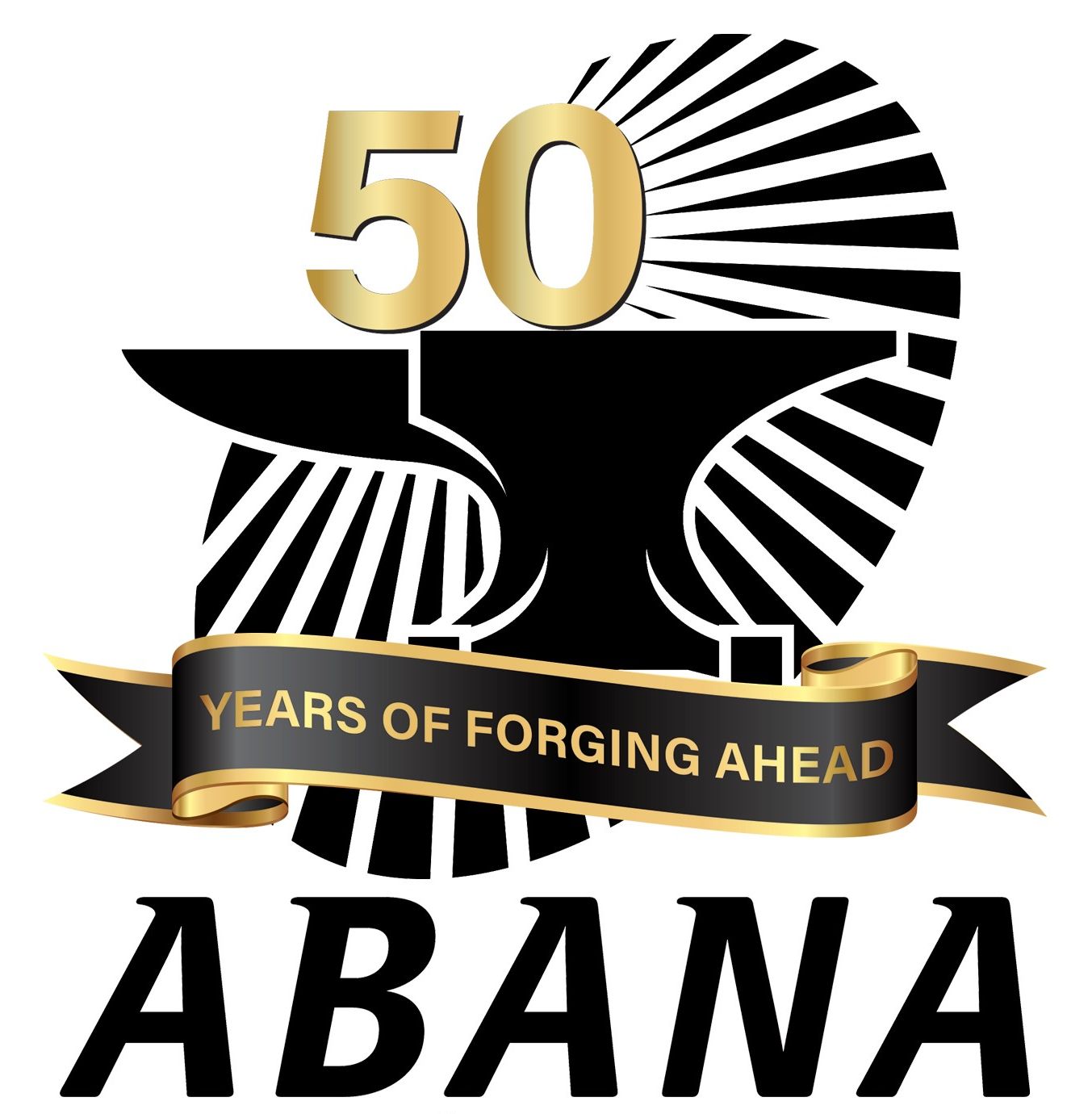 The ABANA anvil logo with a gold and black banner proclaiming 50 years of forging ahead.
