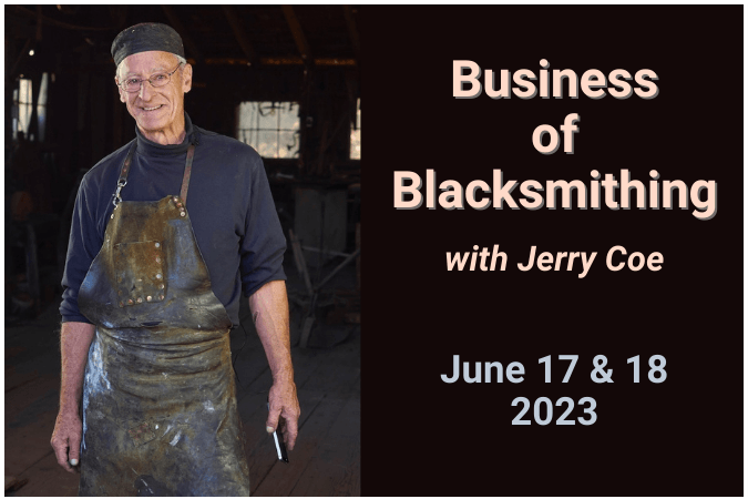 Image of blacksmith Jerry Coe. Graphic burst reads Zoom Class June 17 and 18.