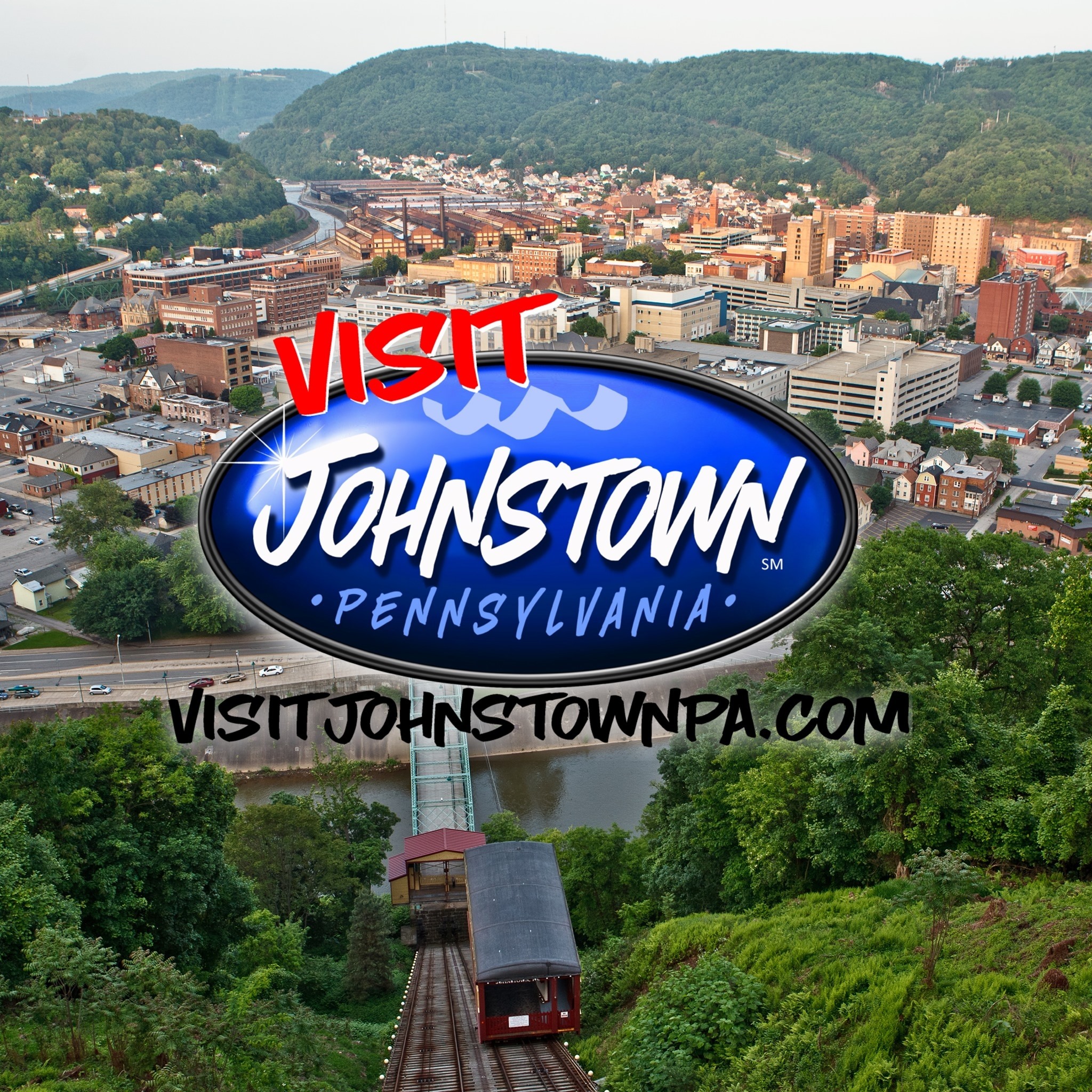 Ariel shot of Johnstown, Pennsylvania with the Visit Johnstown logo.