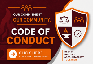 Card with text: "Our Commitment. Our Community. Code of Conduct. Respect. Integrity. Accountability. Together. Click here to view our code of conduct."